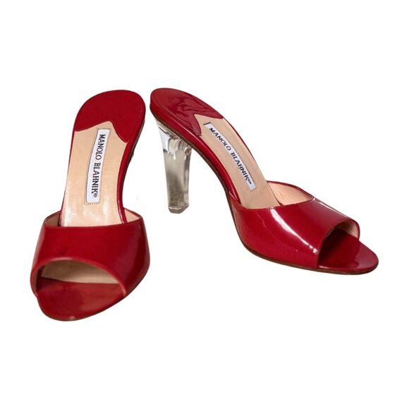 Manolo Blahnik Red Patent Leather Mules | Clear Lucite Heel Slide Sandals 35/5 - Picture 3 of 9